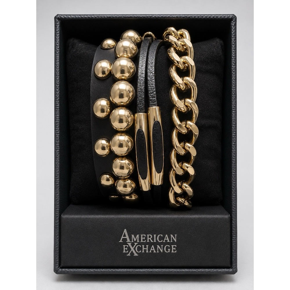 E0072-American Exchange Men's 3-Piece Bracelet Set Gold Tone Black Faux Leather